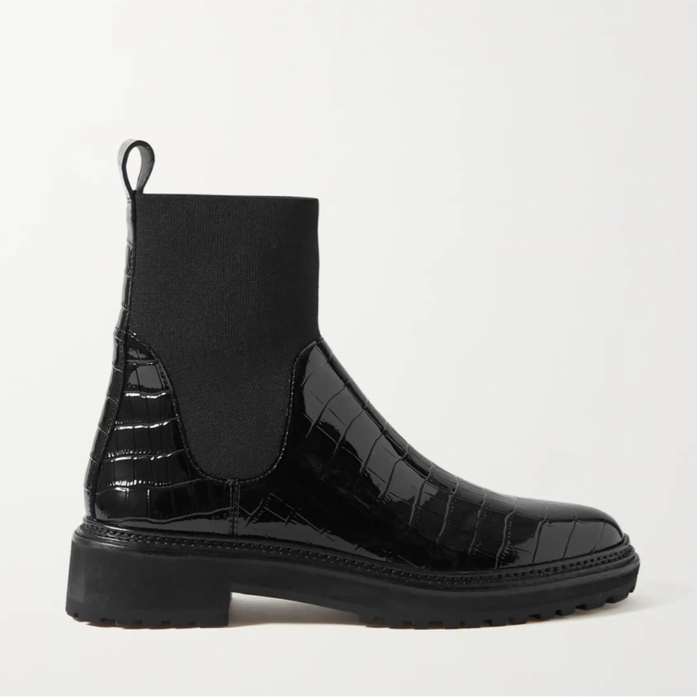 Loeffler Randall Black Croc-Embossed Chelsea Ankle Boots